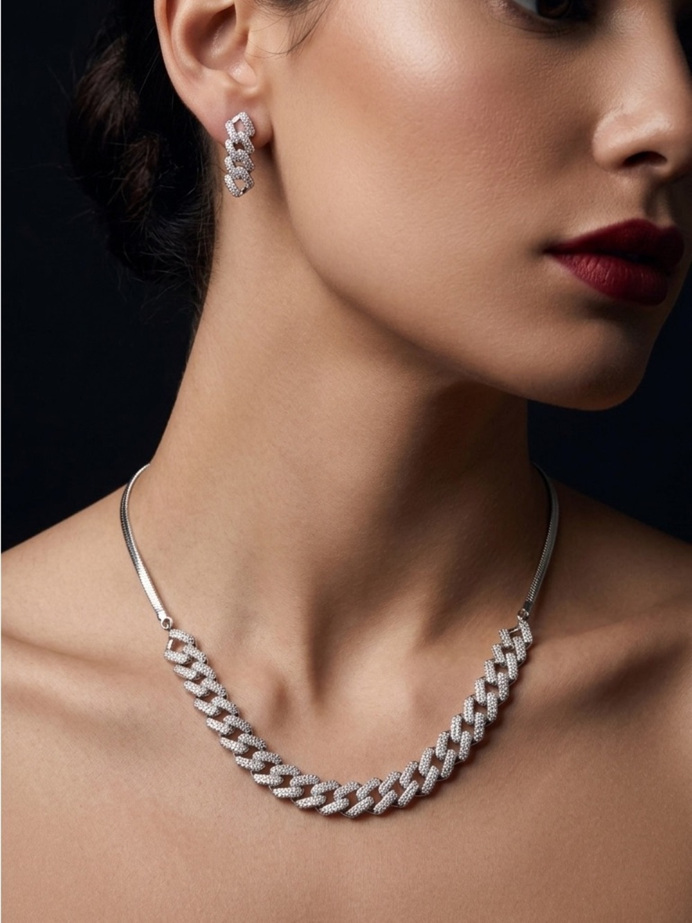 18K Gold Plated American Diamond (Zirconia) Cuban Link Necklace and Earrings Set